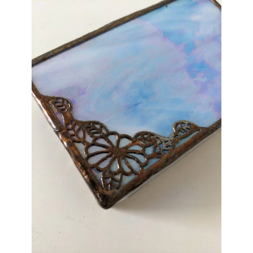 Vintage Stained Glass Brass Trinket Jewelry Box Blue With Mirrored Bottom Flower